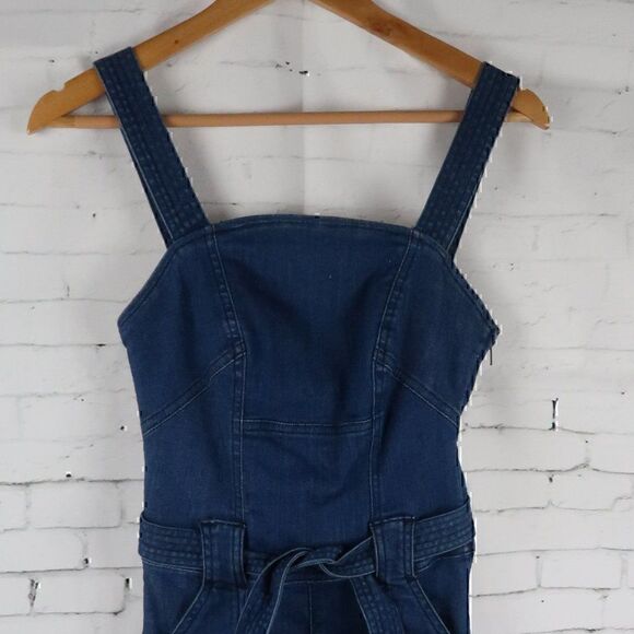 GUESS  ELLA BLUE DENIM FLARE LEG ADJUSTABLE STRAP TIE WAIST JUMPSUIT OVERALLS - Picture 7 of 16